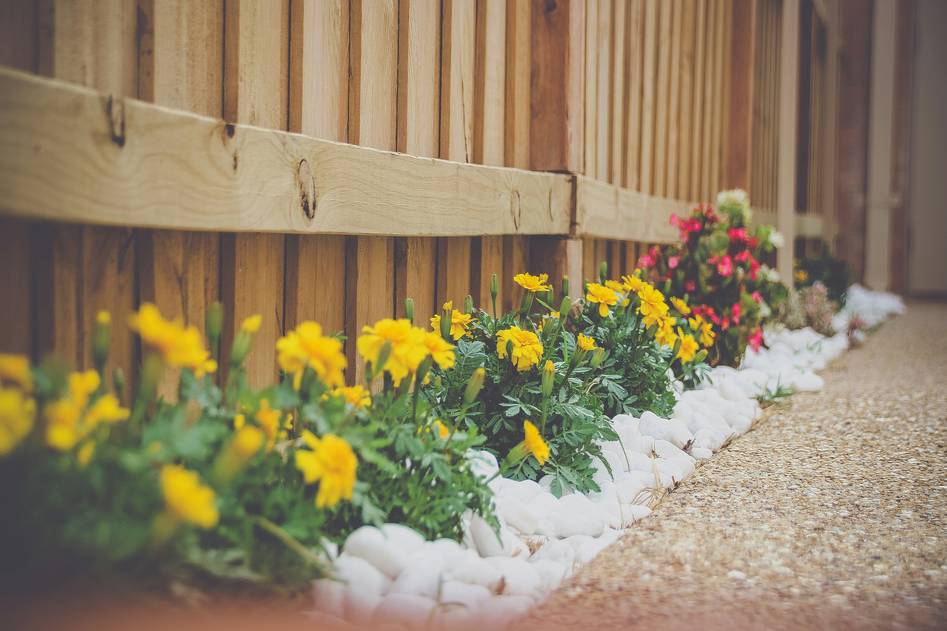 Garden edging with stone borders and fresh mulch